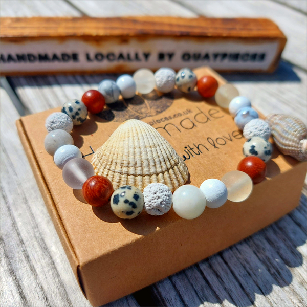 Lovely Handmade 8mm stone, lava, waxed wood &amp; dalmatian jasper bead bracelet in natural white tones, each bead is different!  Elasticated, so will fit most adult wrists (measuring 7.5in/19cm)  Perfect accessory for your Summer outfits!  Presented in lovely Kraft paper gift box with reusable organza pouch