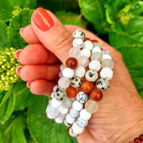 Lovely Handmade 8mm stone, lava, waxed wood &amp; dalmatian jasper bead bracelet in natural white tones, each bead is different!  Elasticated, so will fit most adult wrists (measuring 7.5in/19cm)  Perfect accessory for your Summer outfits!  Presented in lovely Kraft paper gift box with reusable organza pouch
