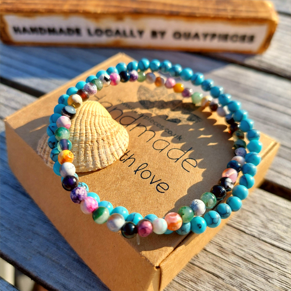 Lovely delicate handcrafted collection of 2 Beaded Surf Bracelets  Each Bracelet is individually designed one with 4mm turquoise calcite beads &amp; the second with&nbsp;4mm multi colour natural stone quartz beads. A perfect Summer combination!  Elasticated, so will fit most adult wrists (measuring 7.5 in/19cm