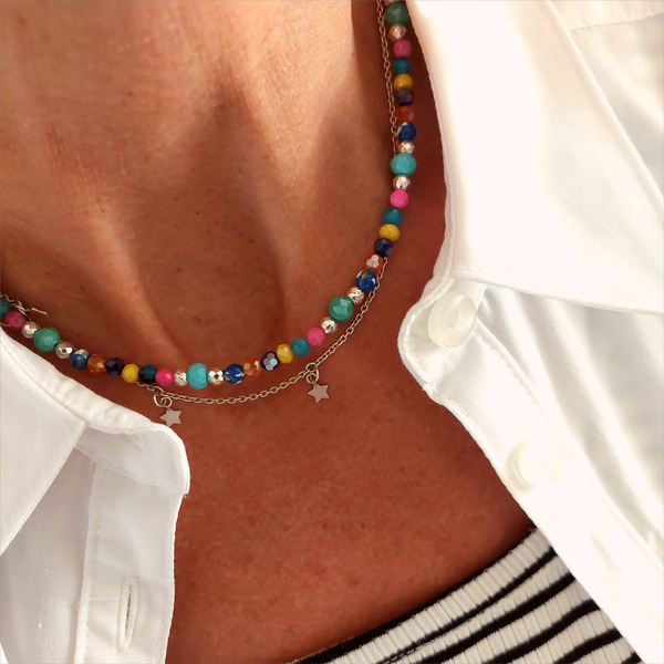 Lovely short necklace in blue &amp; multi coloured beads.
Handmade using 4mm agate, glass, natural stone &amp; silver plated hematite beads.

Silver plated fastenings &amp; lobster clasp with silver (nickel free) 'made with love' heart charm


Length - 40cm with extension chain to 43cm

Great little gift for a friend!