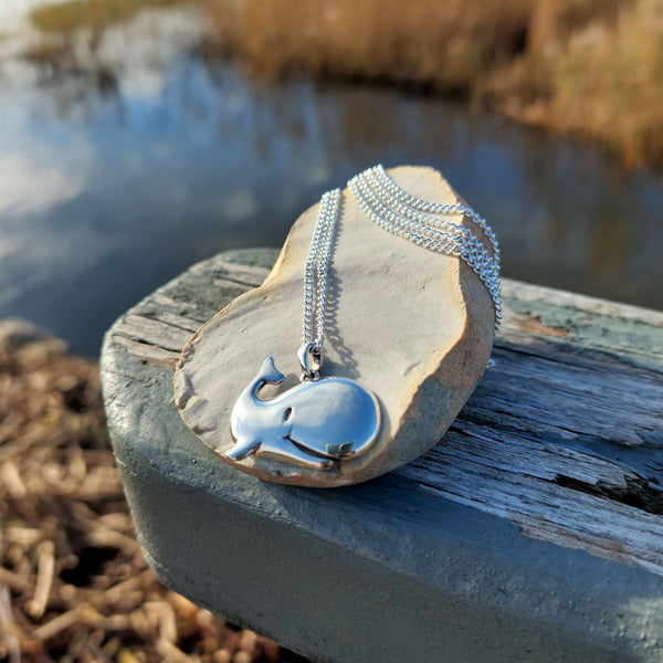 How cute is this Whale pendant?   ﻿925 Hall Marked Silver  H 21 mm x W 25 mm  Long 26" Sterling Silver curb chain with lobster clasp  Make someone's day with the super smiley Moby!   ﻿**Presented in lovely Kraft paper gift box with reusable organza pouch**  ﻿﻿