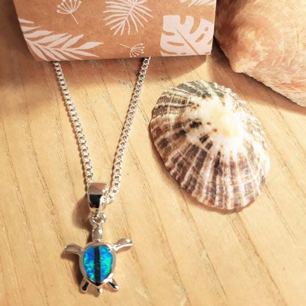'Tilly'  925 Hall Marked Sterling Silver  Adorable Silver Turtle Pendant decorated with Blue/Green Opal  H 20 mm x W 12 mm    18" Silver 1 mm curb chain with lobster clasp   **Presented in lovely Kraft paper gift box with reusable organza pouch**
