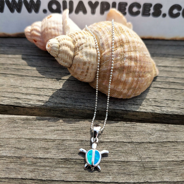 Tilly' 925 Hall Marked Sterling Silver Adorable Silver Turtle Pendant decorated with Blue/Green Opal H 20 mm x W 12 mm 18" Silver 1 mm curb chain with lobster clasp **Presented in lovely Kraft paper gift box with reusable organza pouch**