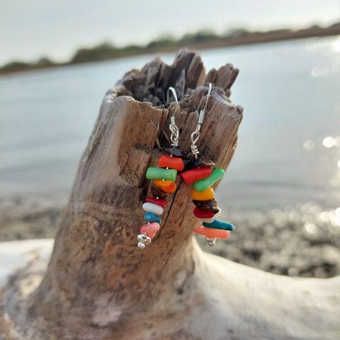 Super cute handmade ﻿boho style earrings with multicolour bamboo chips & silver hematite bead  925 Sterling Silver Hook  Length 35mm from bottom of hook  Perfect little accessory to your Summer outfits!  **Presented in lovely Kraft paper gift box with reusable organza pouch**